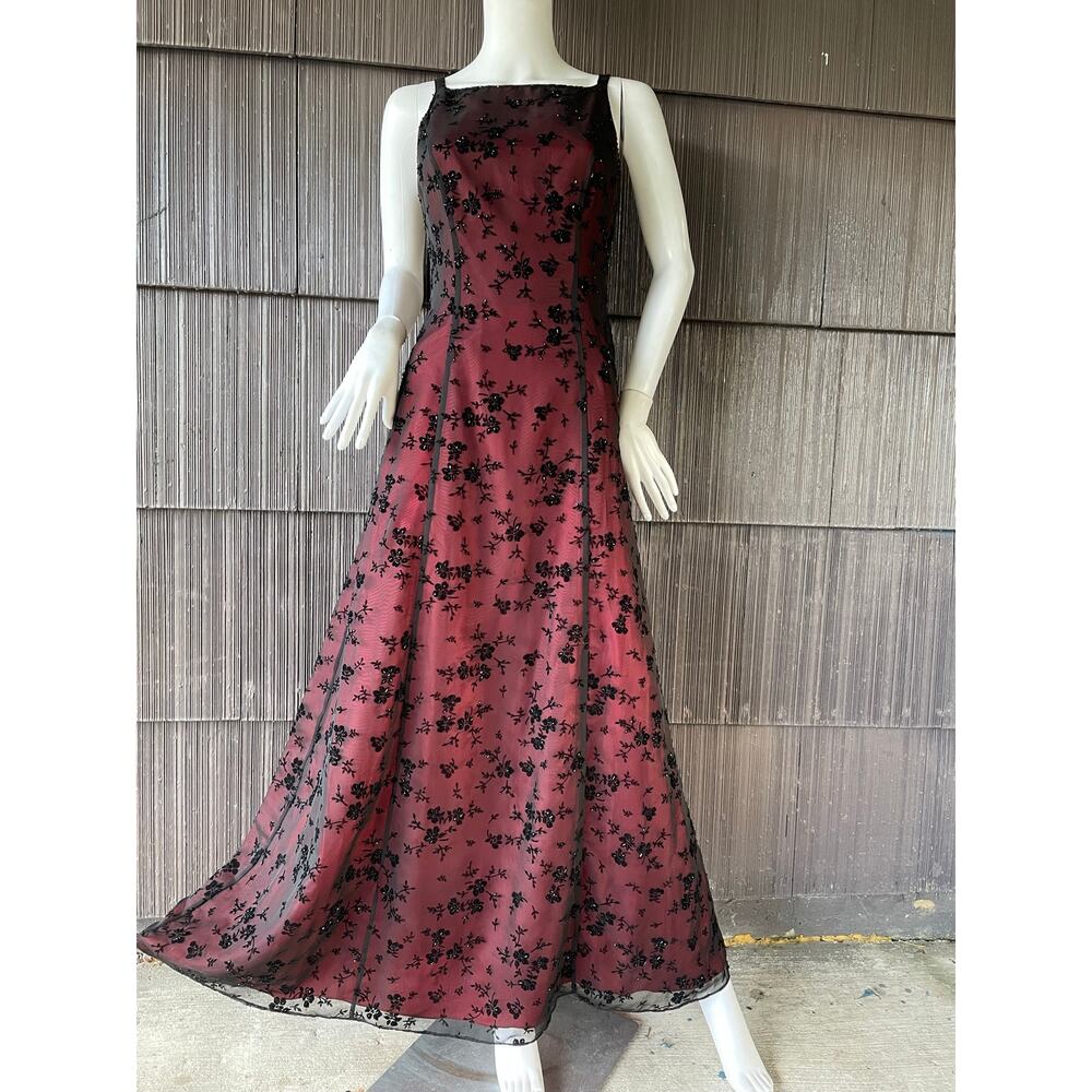 🔥VTG Y2K Betsy & Adam Burgundy Black Flock Dress Formal Prom Whimsigoth Vampy